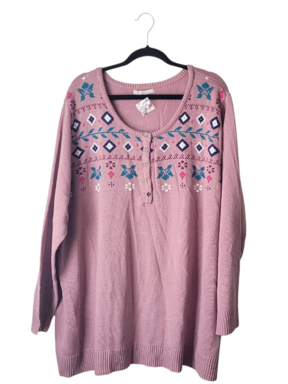 Woman Within Fair Isle Henley Dusty Pink Sweater